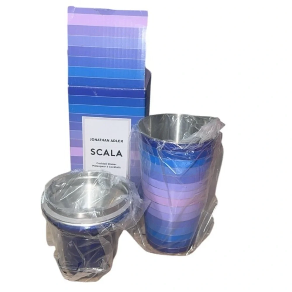 NEW Jonathan Adler Scala Blue & Purple Stripe Stainless Steel‎ Cocktail Shaker